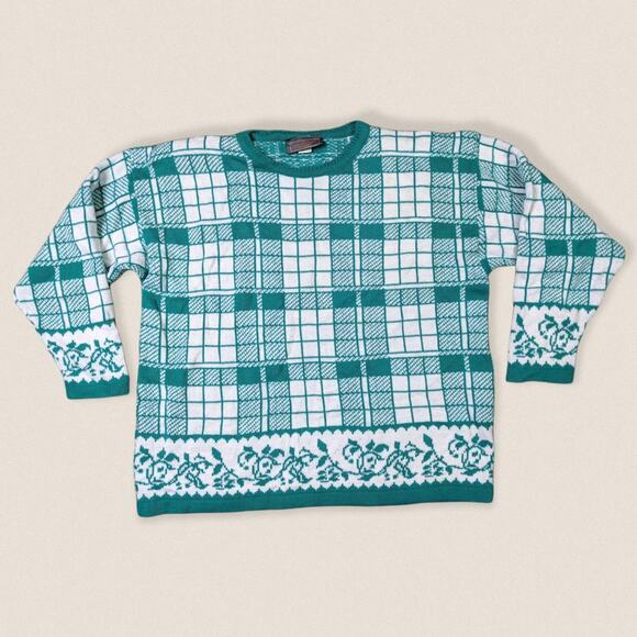 Vintage Grandma Sweater grid floral pattern Liz Baker Sport Plus Size 2X - Picture 1 of 4